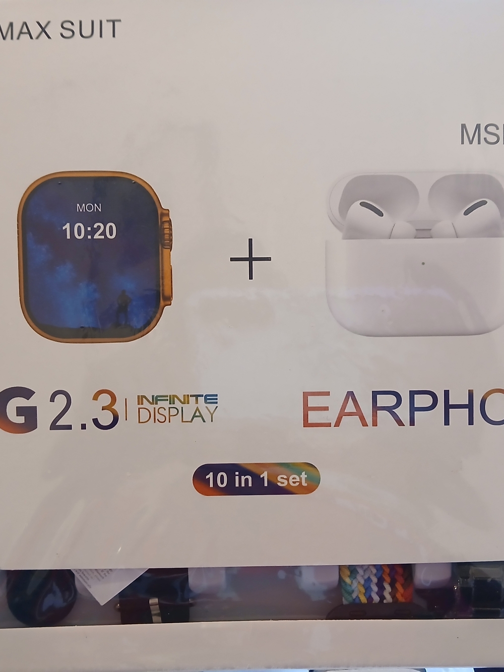 10 In 1 Gold-Tone Square Smartwatch with Blue Display & White Earbuds